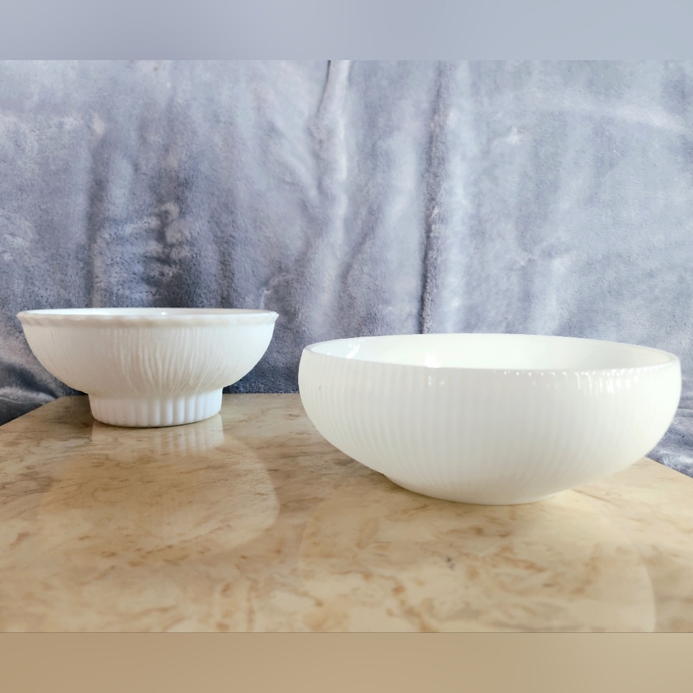 2 Vintage White Milk Glass Bowls E.O. Brody Co & FTD Ribbed Pattern